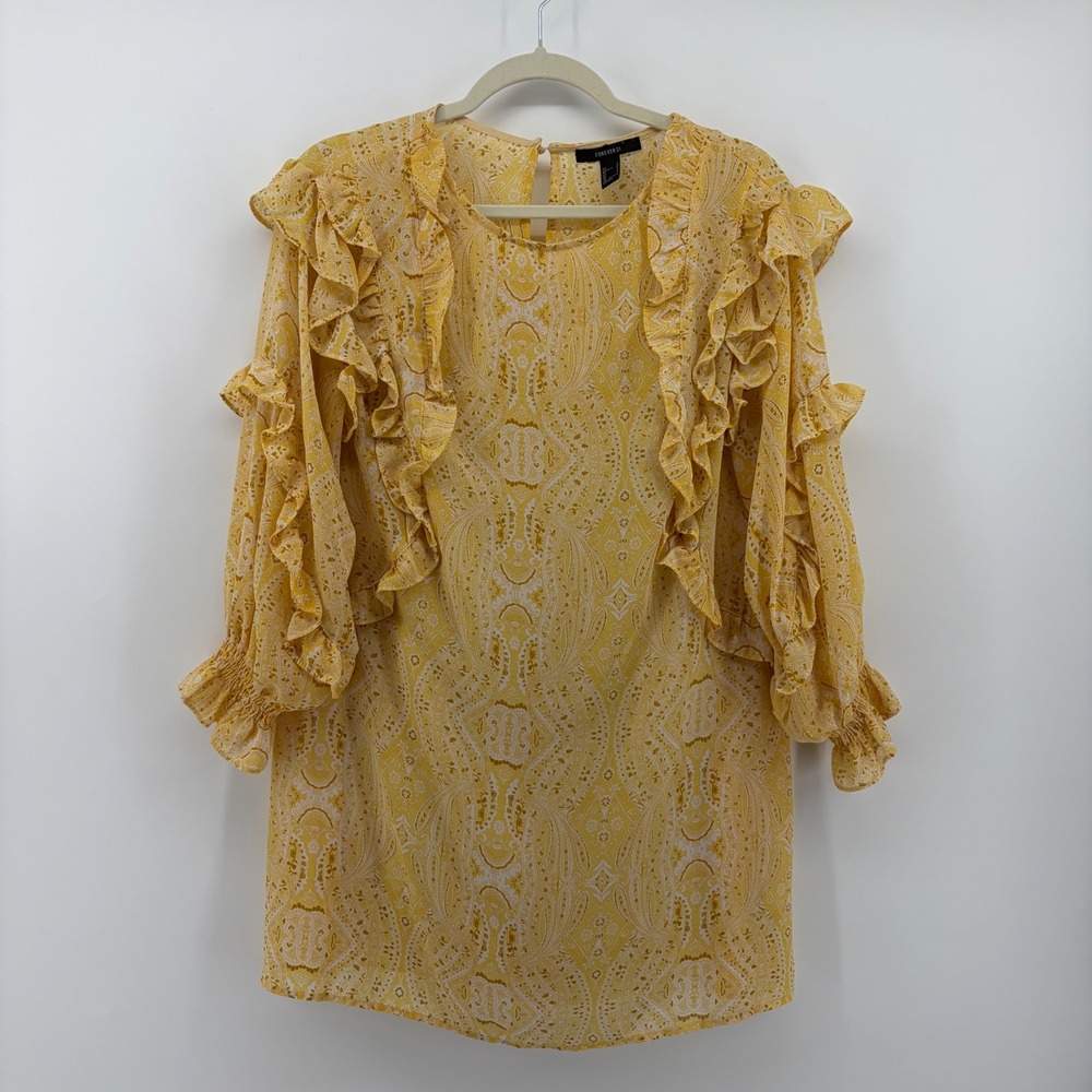 Forever 21 Womens Small Yellow Paisley Mini Dress Ruffle Sleeve Boho Peasant